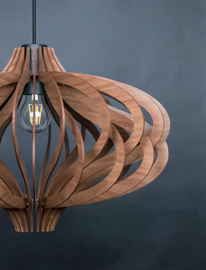 Wood Pendant Light – Scandinavian Geometric Wooden Ceiling Light, Modern Chandelier for Kitchen Island & Dining Room, Adjustable Hanging Lamp, Natural Finish, E26 Base