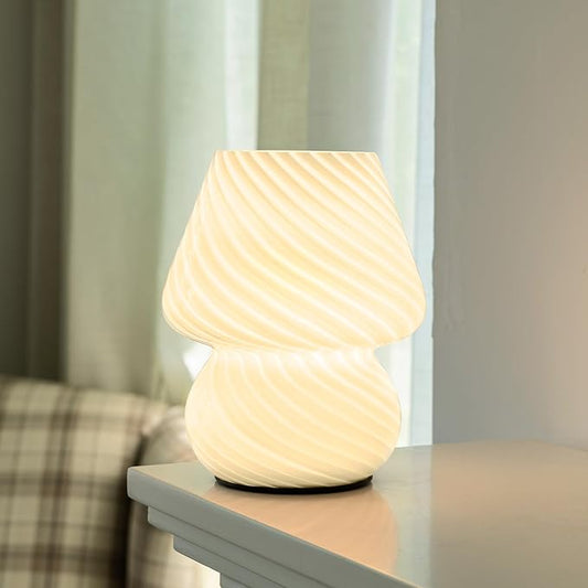 Battery Operated Mushroom Lamp - Vintage Small Table Lamp with Timer, Cordless Bedside Nightstand Lamp, Glass Battery Powered Lamp for Bedroom Kitchen Living Room Shelf Decor Aesthetic White