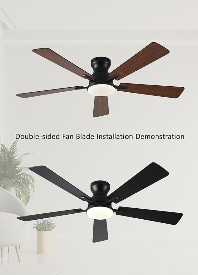 Ceiling Fans with Lights, 52Inch Low Profile Ceiling Fan with Light and Remote/App Control, Modern Flush Mount Brown Ceiling Fan, 3CCT Dimmable, Reversible DC Motor, for Living Room,Bedroom