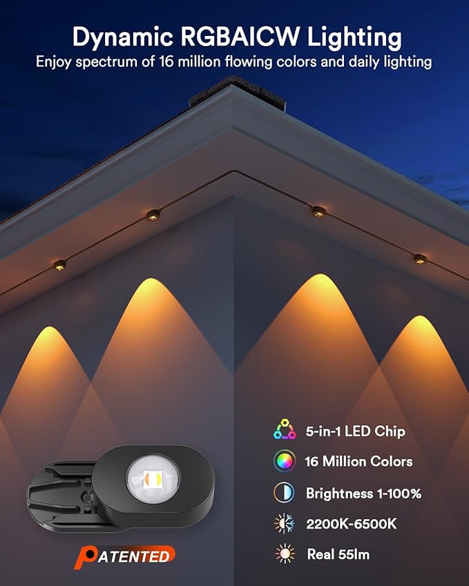 Lumary Smart Permanent Outdoor Lights 2 with Remote, 150ft with 90 RGBAICW LEDs 5400lm for Daily and Accent Lighting, 110+ Scenes for Halloween Christmas Decor, Work with Alexa Google, Black