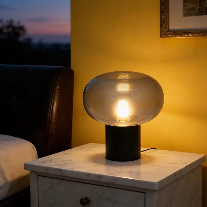 Mushroom Table Lamp Marble Base Glass Shade, Art Deco Bedside Nightstand Lamp for Living Room Bedroom Office, 12W E27 LED Bulb Included - 9''Lx 9.84''H,Illumination Area: 3-5㎡/32-54ft² (Smoky Gray)