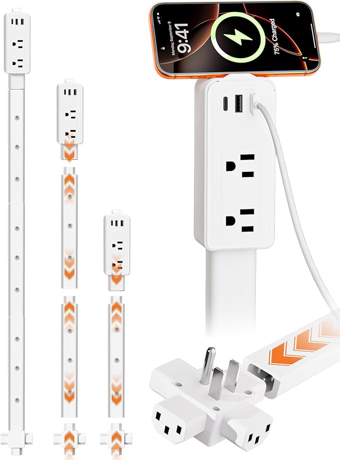 Electrical Outlet Extender Stick Features 2 USB-A, USB-C and 2 AC Outlets, Extendable 6", 15.3", 24.5", 34", for Hard to Reach Spaces Use Behind Couches, Nightstands, E-Sports Desks, and More