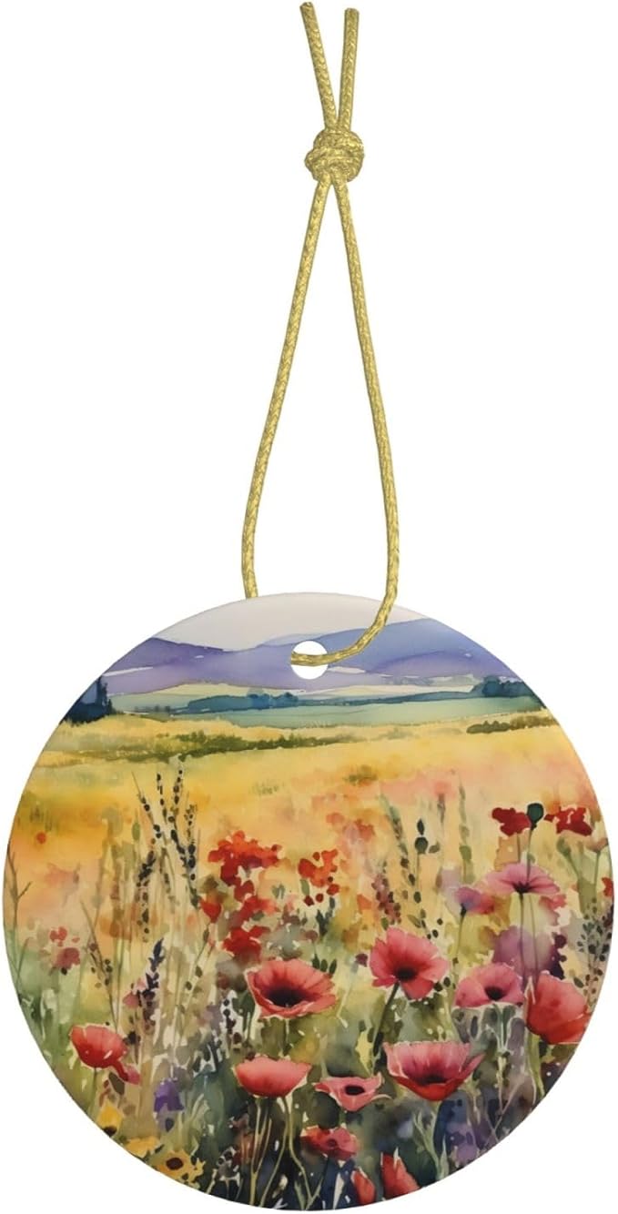 Watercolor Poppy Flowers Field Christmas Ornaments, Christmas Decorations Xmas Tree Hanging Ornaments, Round Ceramic Festive Keepsake Gift for Christmas Decorations Holiday Home Party Decors