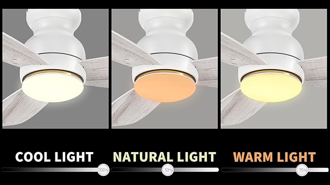 CEME 44 Inches White Ceiling Fan with Light Flush Mount, DC 10 Speeds Silent Ceiling Fan with Remote, 3 Dual Finish Blades, 3 Light Colors Dimmable LED for Living Room, Bedroom