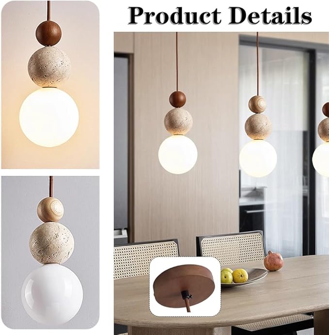 Natural Stone & Wood Pendant Light Fixture | Spherical Milk Glass Hanging Lamp | Modern Organic Ceiling Light | Adjustable Bedside Suspension Light for Dining Room, Kitchen Island, Bedroom(Solid wood)