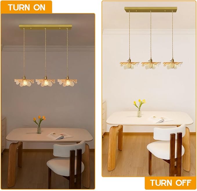 Mid Century Modern Chandelier 3 Light Glass Pendant Lights with Hand Blown Amber Glass Shade Brass Pendant Light Farmhouse Gold Adjustable Hanging Light for Kitchen Dining Room Bedroom