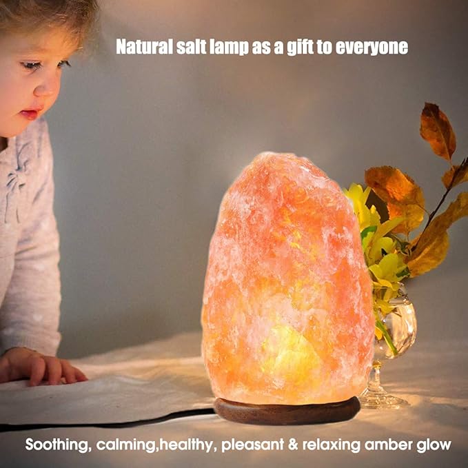 AMOYSTONE Portable Salt Lamp 6-7 Inch, Natural Himalayan Crystal with Wood Base & Dimmer(4-6 lbs)