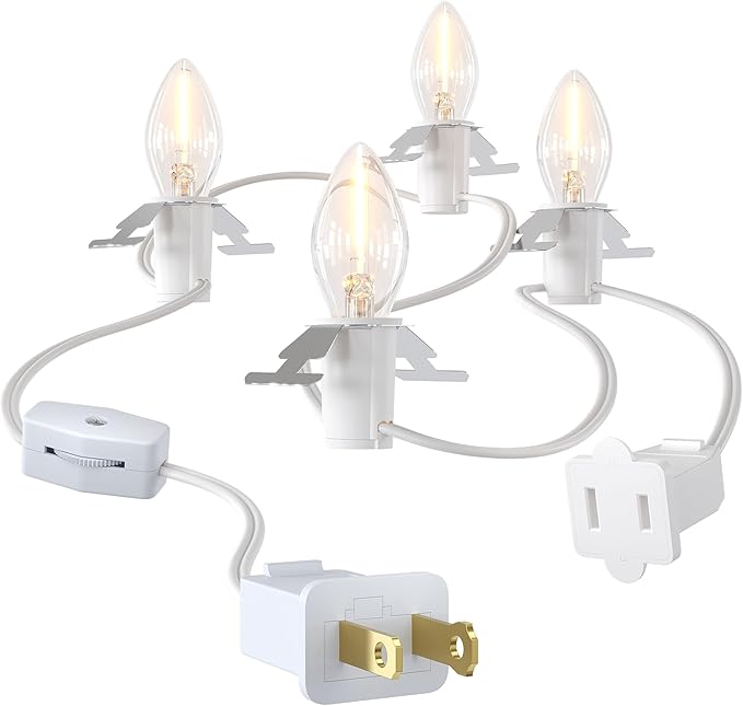 SURAIELEC Accessory Cord With 4 LED Bulbs, 10.5ft Christmas Village Lights, On/Off Switch, Connectable House Light Replacement, C7 Cord for Halloween Decorations, UL Listed