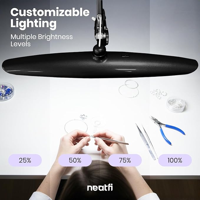 Neatfi XL LED Desk Lamp with Clamp, 2200 Lumens, 24W, 20-Inch Wide Head, Dimmable 4 Brightness Levels, Task Light for Home Office, Crafts, Workbench (Non-CCT, Black)