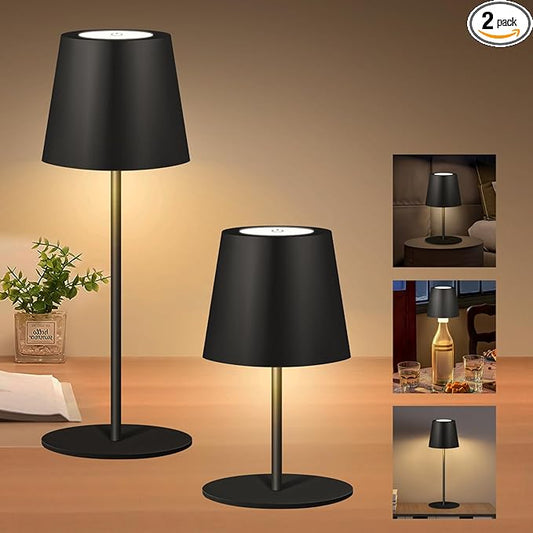2 Pack Cordless Table Lamp,Wireless Bottle Lamp,3 Level Dimming LED Portable Desk lamp,5000mAh Rechargeable Battery,One-Touch Power Off,Waterproof Outdoor,for Bedroom/Bars/Camping(Black)