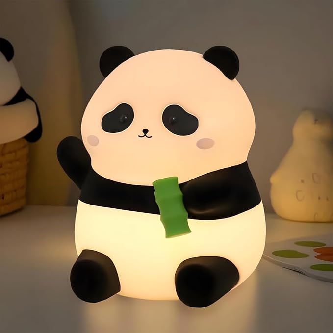 Panda Night Light, 50-Hour Battery & Pat-to-Change Brightness, Squishy Silicone Lamp for Girls Kids Bedroom, USB Rechargeable with Timer, Easter Gifts for Kids