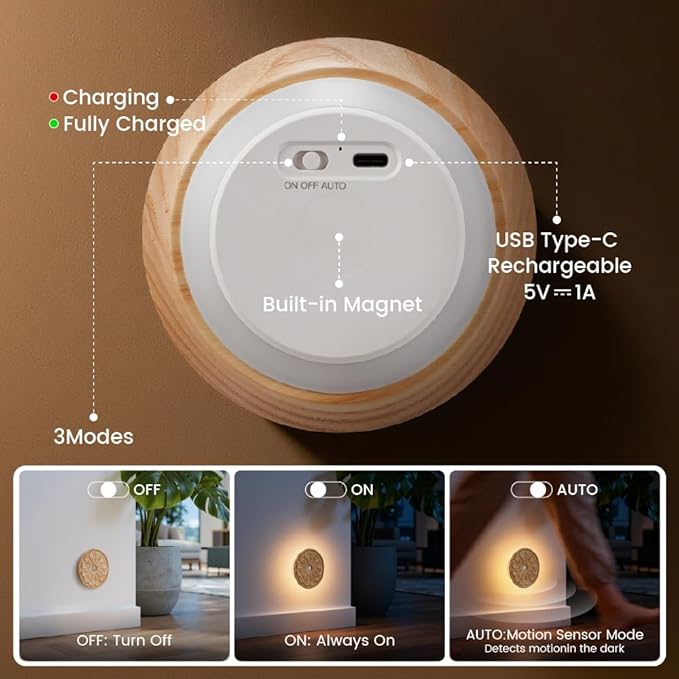 Flower Motion Sensor Night Light, Carved Wooden Flower Wall Lamp, Backlight LED Light, Rechargeable & Stick-On Magnetic Mount for Indoor Decor, Living Room, Bedroom, Stairs (Round Ash Wood *1Pack)