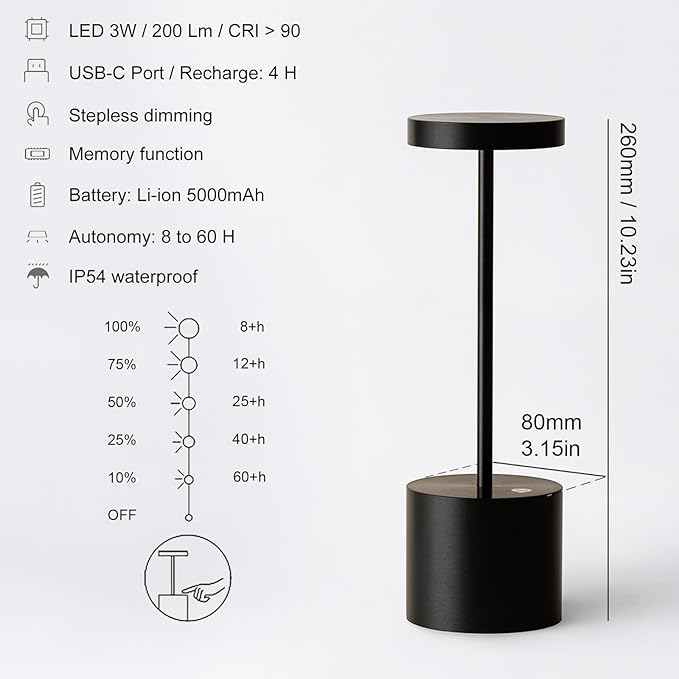 2-Pack Cordless Rechargeable Table Lamps, 3 Color Temperatures and Stepless Dimmable, IP54 Waterproof Portable Battery Operated LED Lights for Outdoor Patio Bedside Restaurant, Black