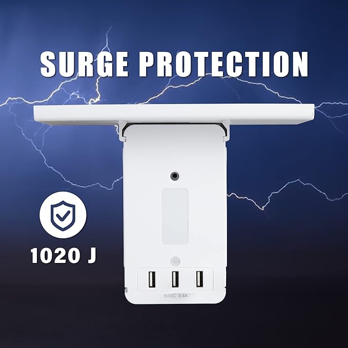 Wall Outlets Extender-2 Pack Surge Protector Outlet Wall Plug with 6 AC Outlets, USB Ports (3.4A Total), 15 A, Removable Outlet Shelf, Smart Night Light, 1020J, Wide Compatible