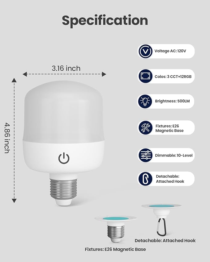 Rechargeable LED Light Bulb: Battery Powered Lights Bulb with Remote, 4000mAh E26 15 Color Modes Dimmable Night Lights with 3 Timer, Detachable Wireless Puck Light Bulb for Lamps/Wall Sconce, 2 Pack