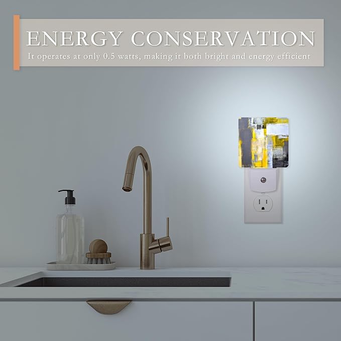 Night Light,Grey and Yellow Abstract Art Night Lights Plug into Wall for Boys Girls Bedroom Decorative Half Round Nightlight Led Lamp 0.5W Sleep Friendly