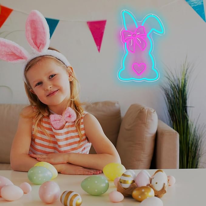 Easter Neon Sign Bow Neon Lights for Wall Bunny LED Sign Cute Rabbit Neon Light Sign for Bedroom Living Room Happy Easter Decorations Light Sign Neon Wall Art for Home Office