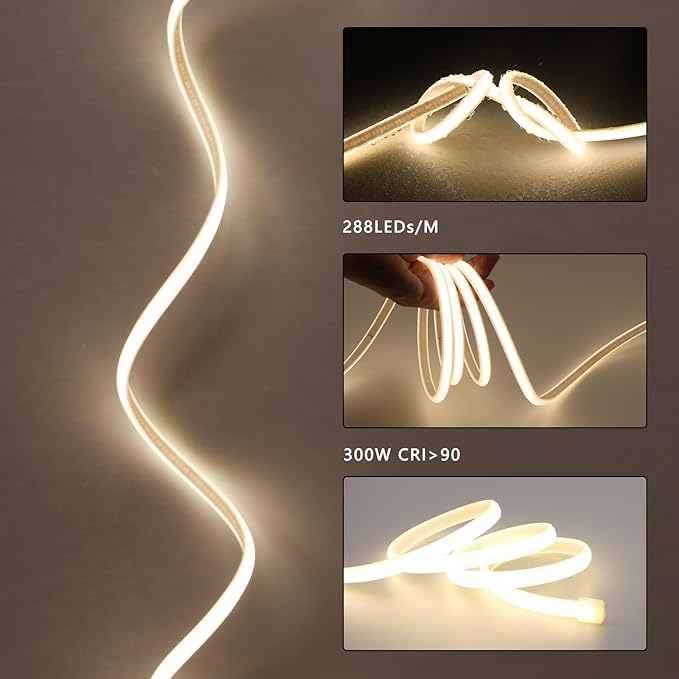 AC 110V COB LED Strip Lights Outdoor Waterproof 98.4ft, 4000K Natural White Super Bright 300W LED Rope Light, IP65 Flexible Cuttable, for Bedroom Garden Commercial House Gaming Room Decor