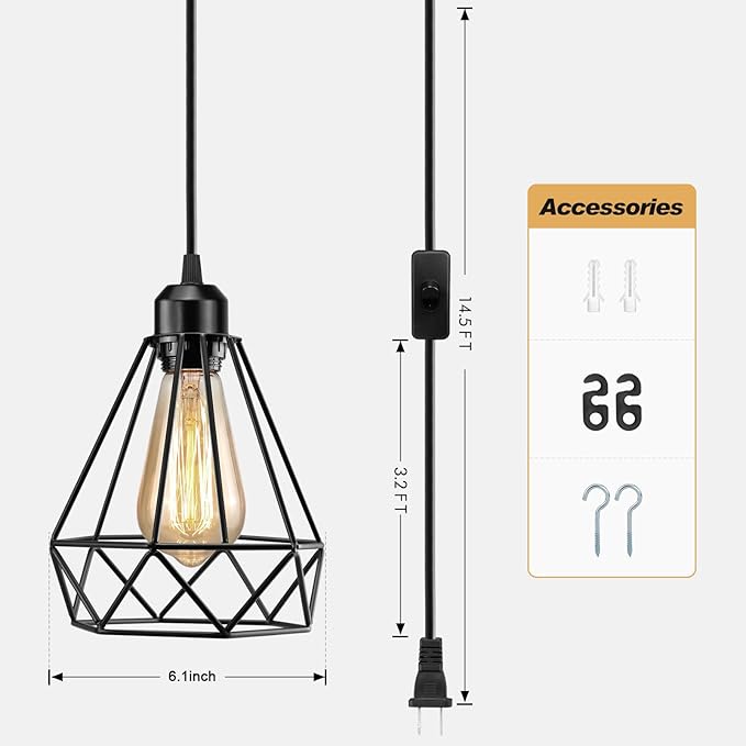 Plug in Pendant Light, Industrial Hanging Light with Plug in Cord, Black 15FT On/Off Switch Farmhouse Pendant Light, Hanging Lamps for Dining Room