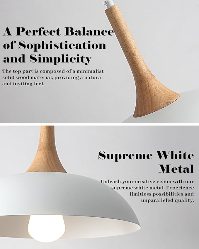 White Pendant Lights Kitchen Island, 2 Pack Modern Pendant Light with Wood Cap, 13.8 inch Dome Pendant Light for Kitchen, Dining Room, Living Room