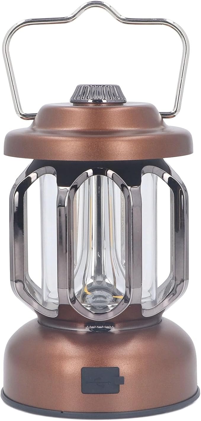 Retro Camping Lantern, Rechargeable LED Tent Lamp with 3 Light Modes, Dimmable Vintage Camping Light with Hook, USB Type C Portable Lantern for Garden Outdoor (Brown)
