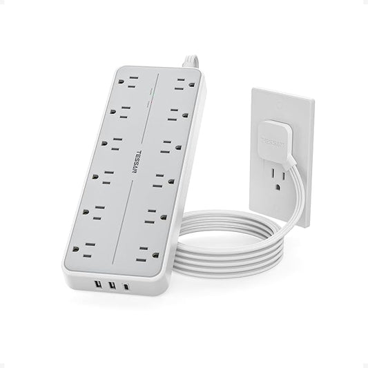 TESSAN Surge Protector Power Strip, Extension Cord with Multiple Outlets, 12 AC Outlets, 3 USB Ports(1 USB C), Flat Wall Plug, 5 Ft, 1700 Joules Protection for Home Office Dorm Room Essentials