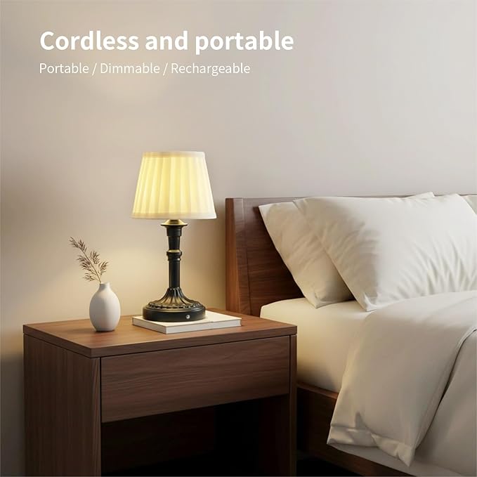 Portables Cordless Table Lamp Set of 2, Fabric Shade Des Lamps,5200mAh Battery Operated,3 Color Stepless Dimming Up,for Restaurant, Bedroom, Camping, Bar, Coffee Shop, (Black)