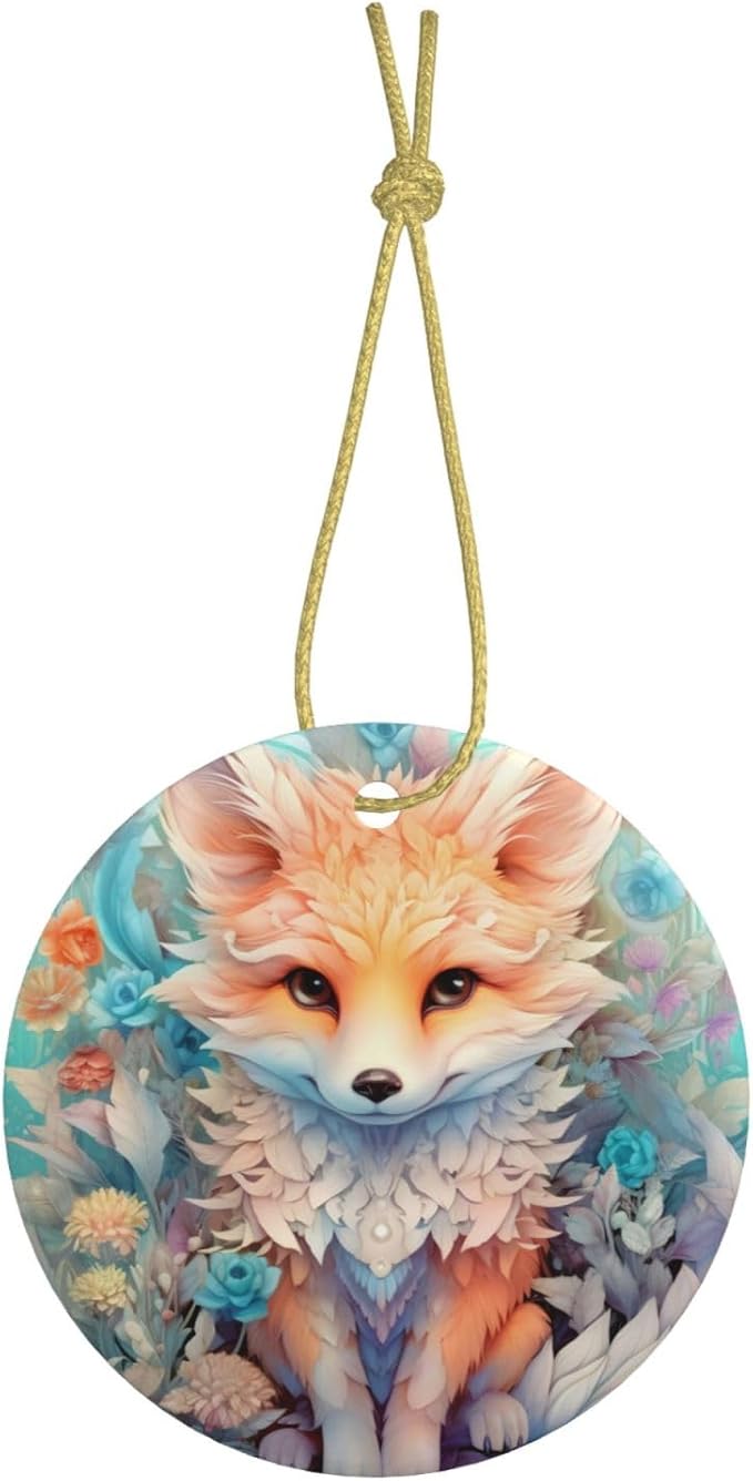 Cute Animal Fox Flowers Christmas Ornaments, Christmas Decorations Xmas Tree Hanging Ornaments, Round Ceramic Festive Keepsake Gift for Christmas Decorations Holiday Home Party Decors