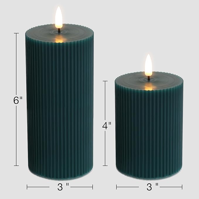 Green Ribbed Flameless Pillar Candles with Remote, 2 Pack Flickering Battery Operated LED Wax Candles Φ 3" H 4" 6"
