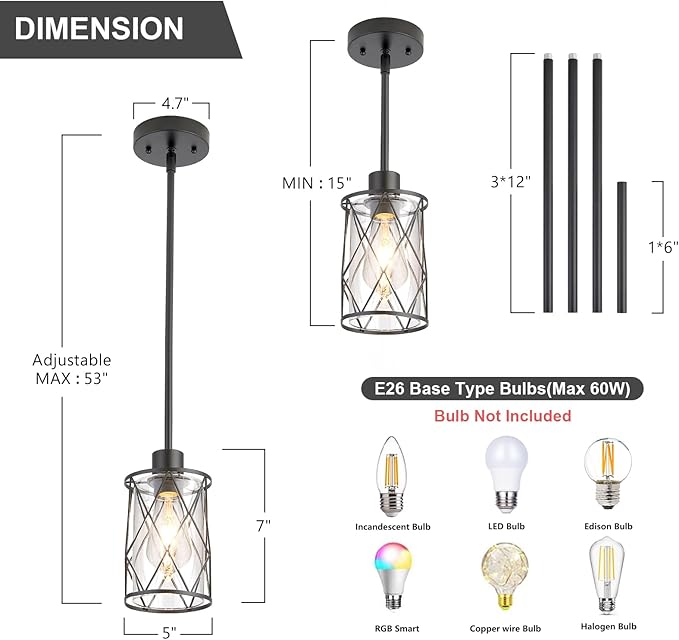 Refice Glass Pendant Lights Kitchen Island, Black Kitchen Hanging Light with Clear Glass, Farmhouse Cage Mini Pendant Lighting for Sink Dining Room Bedroom Bar, 2 Pack