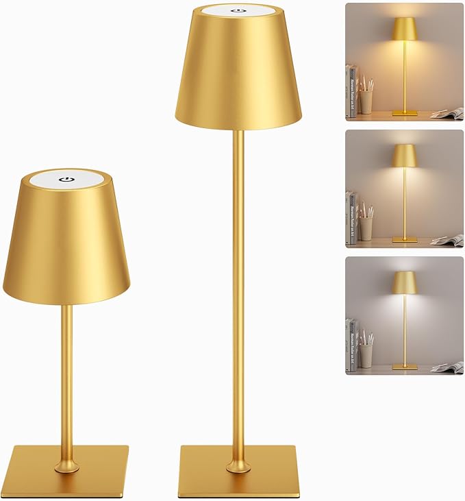 Kakanuo Gold Cordless Rechargeable Table Lamp 5000mAh Battery Operated Lamps, 3 Colors Stepless Dimming Touch Lamp for Living Room, Kitchen Counter, Dining, Outdoor Patio, 2 Pack