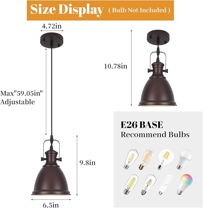 Brown Farmhouse Pendant Lights Kitchen Island 2 Packs, 6.5 inches Kitchen Island Lighting, Industrial Pendant Light, Kitchen Pendant Lighting Over Island Sink Dining Room