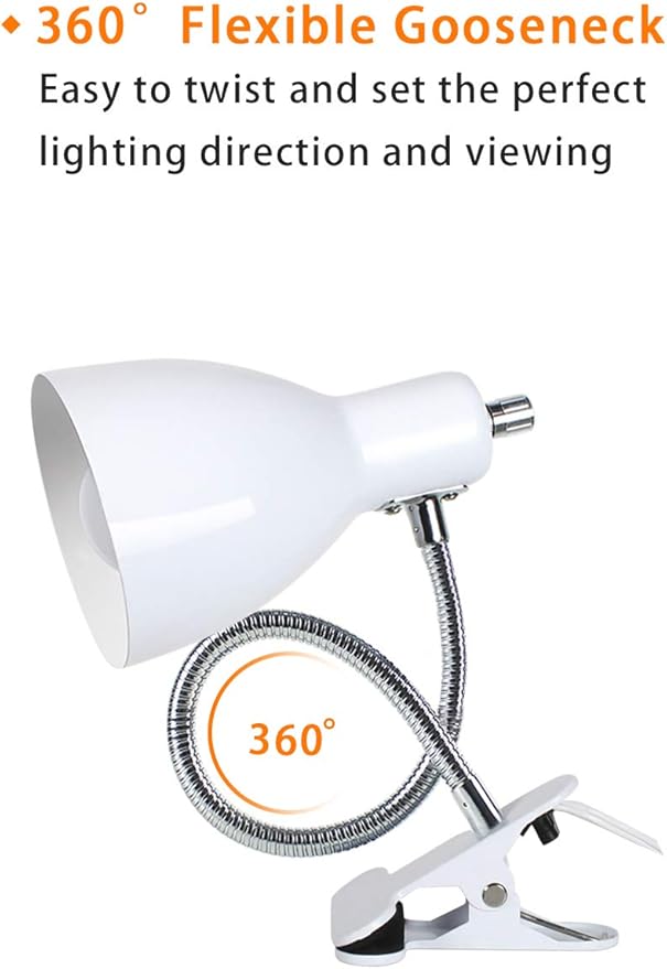 Desk lamp Eye-Caring Table Lamps, 360°Rotation Gooseneck Clip on Lamp Reading Light Portable Reading Book Light Clamp Study Desk Lamps for Bedroom and Office Home Lighting (White)