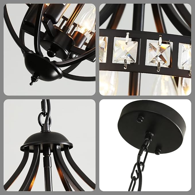 Crystal Chandelier Light Fixtures, 4-Lights Farmhouse Rustic Vintage Black Pendant Hanging Lighting Ceiling Chandeliers for Kitchen Island Dining Room Living Room Bedroom Foyer Hallway