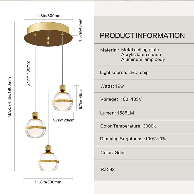 Modern Pendant Lights Gold Globe Cluster Hanging Pendant Light Fixtures Acrylic LED Pendant Lighting Kitchen Island for Dining Room Living Room Bedroom 3 Light