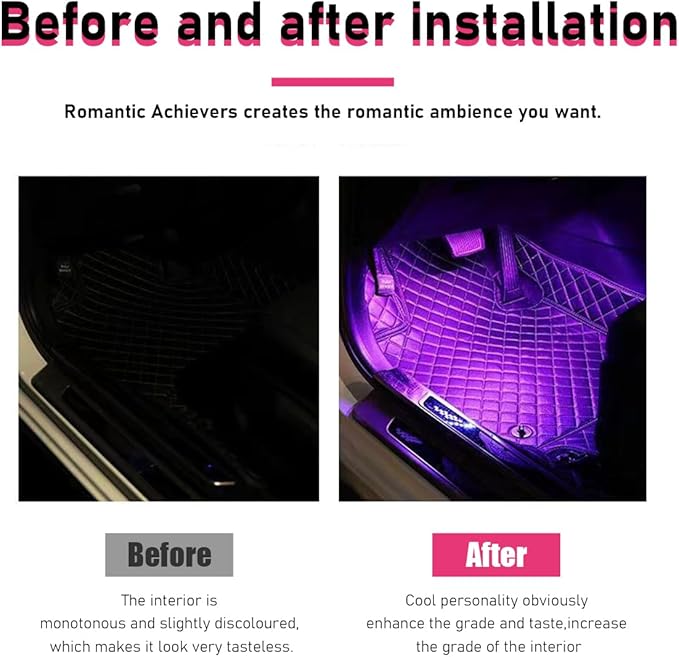 Car LED Strip Light, 24 LEDs RGB Neon Interior Atmosphere Lights, 12V Under Dash Ambient Night Light, USB Port Auto Interior Decorative Lamp, Universal Car Accessories (Pink Purple)