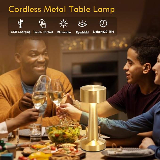 Portable LED Table Lamp, 3-Levels Brightness Metal Desk Lamp,3 Color Touch Control Rechargeable Lamp, Ideal Bedside Lamp for Nightstand,Bedroom, Living Room (Light Golden)