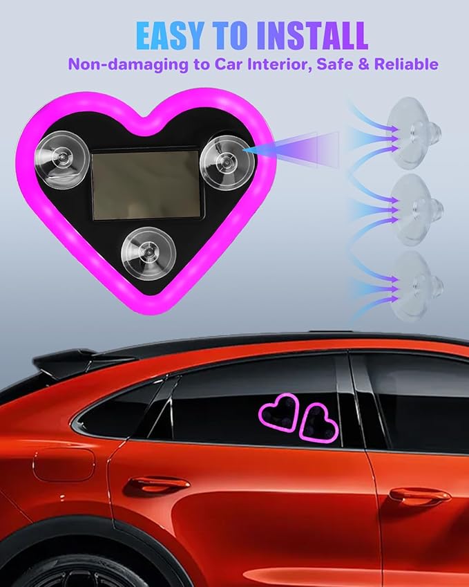 Valentines Day Decorations Car LED Interior Lights, Solar & Type-C Rechargeable Heart-Shaped Car Ambient Lights, 2 PCS Heart Lights & 2 PCS Mini USB Lights, Pink Car Decorations