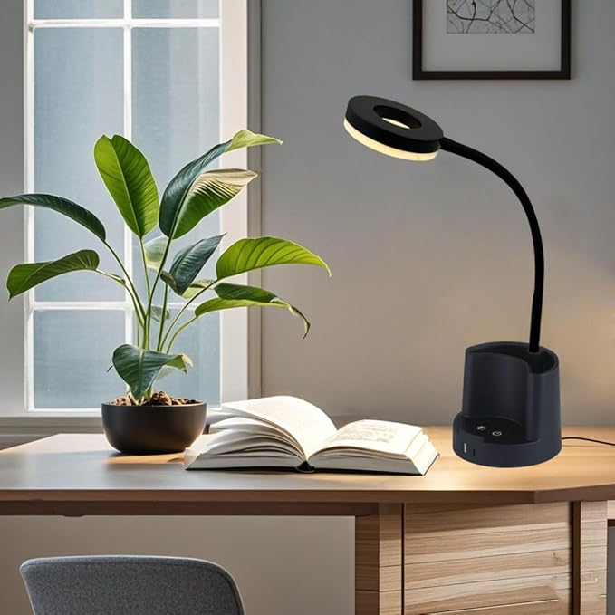 HomeFocus LED Desk Lamp, Eye-Caring Dimmable Reading Light, RGB Night Light, Student Lamp, Metal Flexible Gooseneck, Black, for Home, Office, Gift for Kids, Students, Women