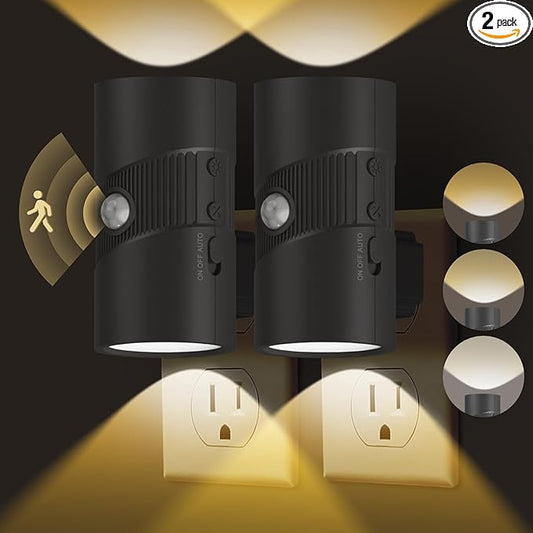 easuntec Motion Sensor Night Light, Night Lights Plug into Wall, Motion Sensor & Dusk to Dawn Sensor, 3 Light Modes, Dimmable Night Light for Bedroom Bathroom Hallway Stair (Black, 2 Pack)