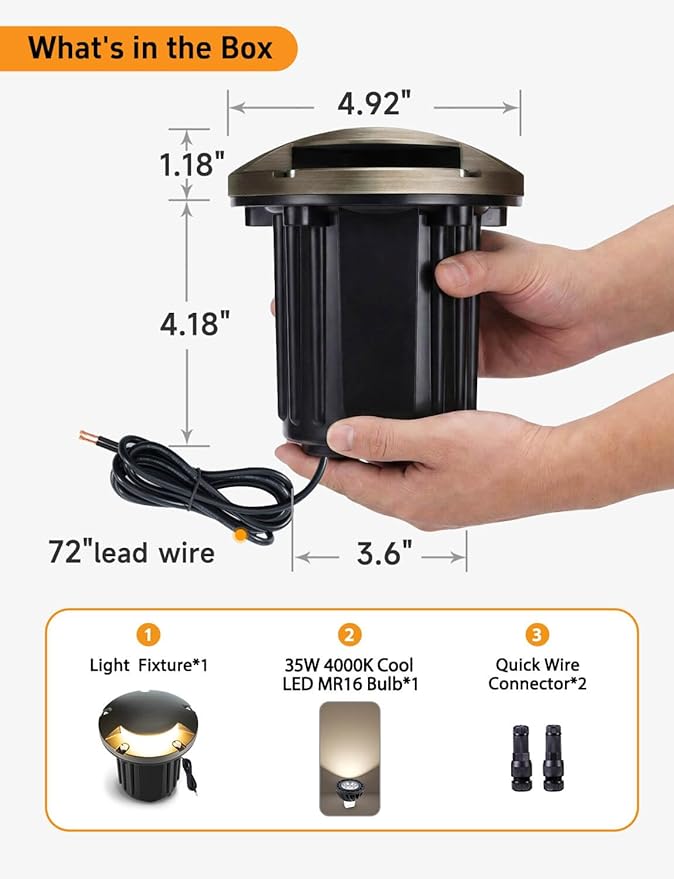 Gardenreet Landscape Brass Well Lights - Brass Electric Ip65 Hardwired In-Ground Lighting, Low Voltage 12V Fixture, Antique Bronze for Backyard Outdoor Driveway with 4000K Neutral White MR16 Bulb