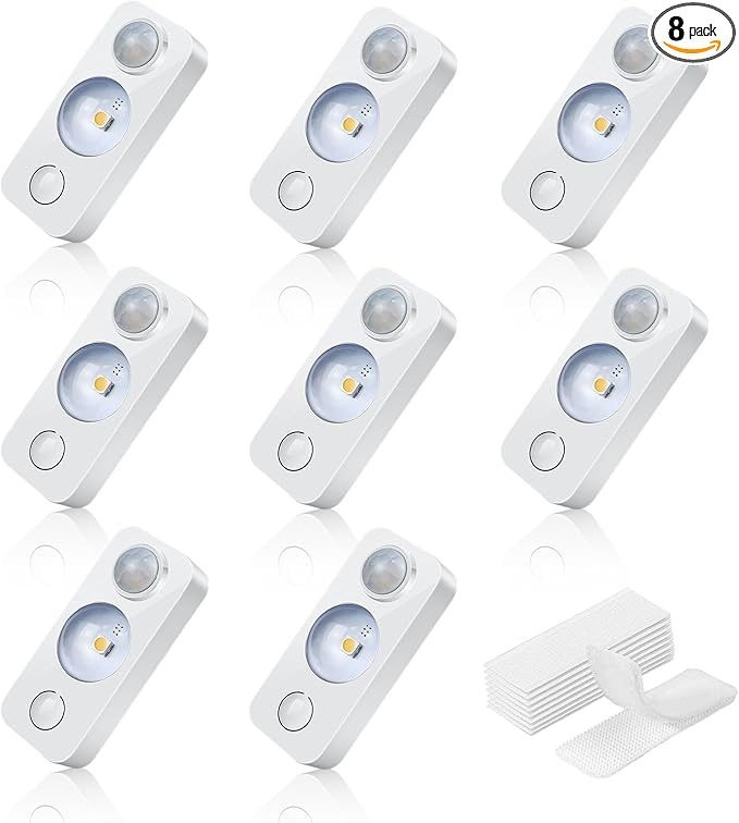 LED Motion Sensor Puck Lights, Rechargeable Cabinet Lights, Stick on Wireless LED Night Light for Closet, Drawer, Shelf, Under Cabinet, Daylight White 8Pack, USB Charging Cord Included