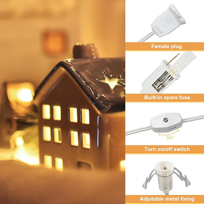 2-Pack Accessory Cord with 2 C7 LED Night Light Bulb, Candelabra-Base E12 Socket White Cord with On/Off Switch Plugs, for Holiday Decorations, Christmas Village House, Pumpkin Lights