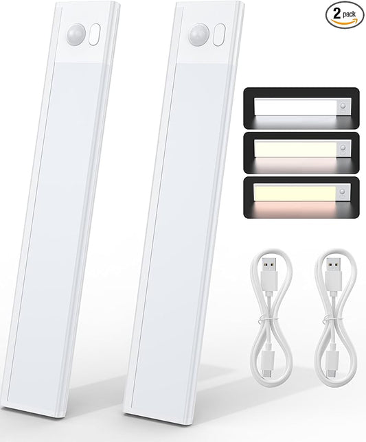 Joyzy 2 Pack 66 LED Motion Sensor Closet Lights, 9.2’’ Rechargeable Under Cabinet Lighting Magnetic Wireless 3 Color Temps & Dimmable Under Counter Light Motion Activated Pantry Light (110 Lumen)