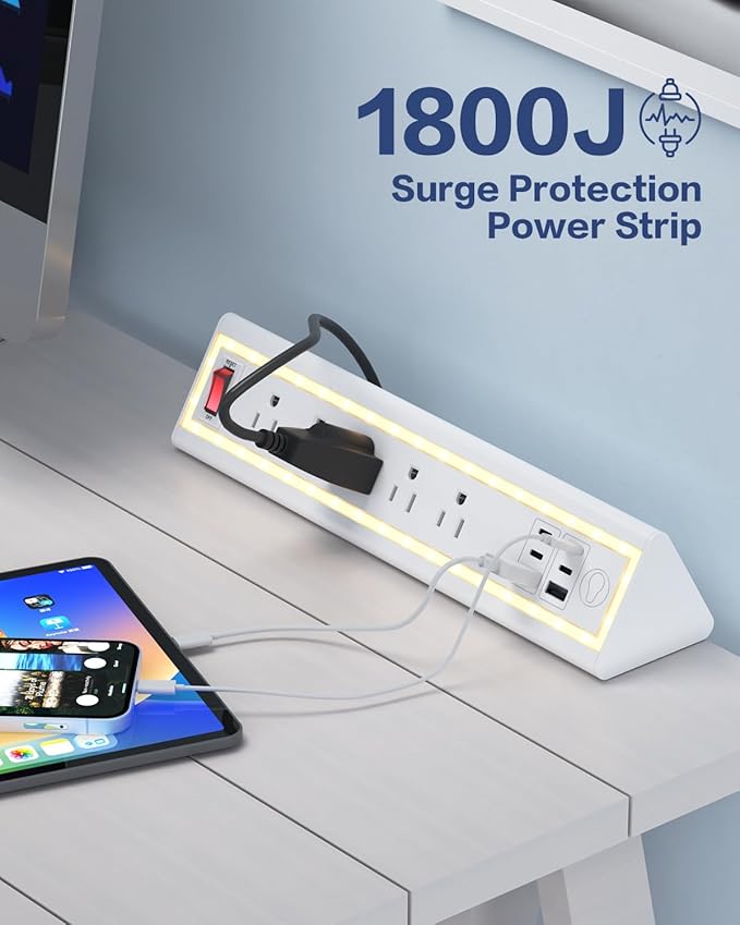Desk Clamp Power Strip with Nightlight, 40W Fast Charging, 10FT Extension Cord, 4x20W USB-C & 2 USB Ports, 5 AC Outlets, Fits 1.69-Inch Table Edges