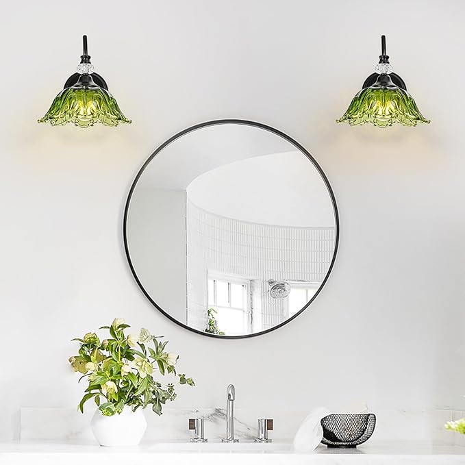 1 Piece Black Wall Sconce with Floral Green Glass Shade, Black Farmhouse Wall Mount Lighting for Bathroom,Vintage Bathroom Vanity Light Fixture