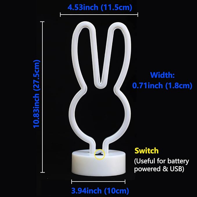 Easter Decorations Neon Signs, Bunny Neon Lights with Base - Battery/USB Operated Rabbit Stuff for Home, Nursery Room, Baby Teen Kids Girls Bedroom, Spring Decor (Warm White)