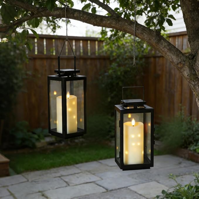 Lezonic Flameless Waterproof Outdoor Candles with Flickering Dancing Flame, 4Pcs Battery Operated Candles with Remote, Ivory LED Pillar Built-in String Lights for Patio Wedding Decor, 3.25" x 6"