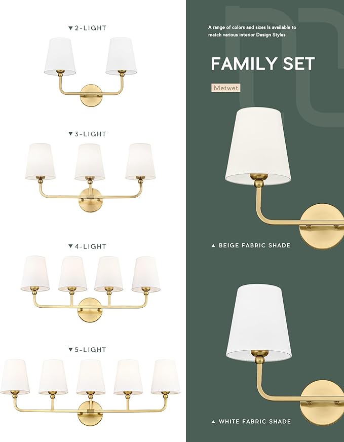 2 Light Bathroom Light Fixtures, Brushed Gold Vanity Lights, Double Wall Sconce with Beige Fabric Shade, Modern Sconces Wall Lighting for Hallway Bedroom Stairway, VL837-BG-B-2