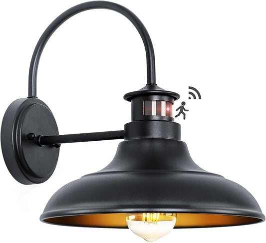 Motion Sensor Outdoor Barn Lights - Dusk to Dawn Farmhouse Gooseneck Barn Light, 12" Large Black Porch Light Fixture Wall Mount, Exterior Wall Lighting Fixture for Garage Patio Doorway, 1 Pack